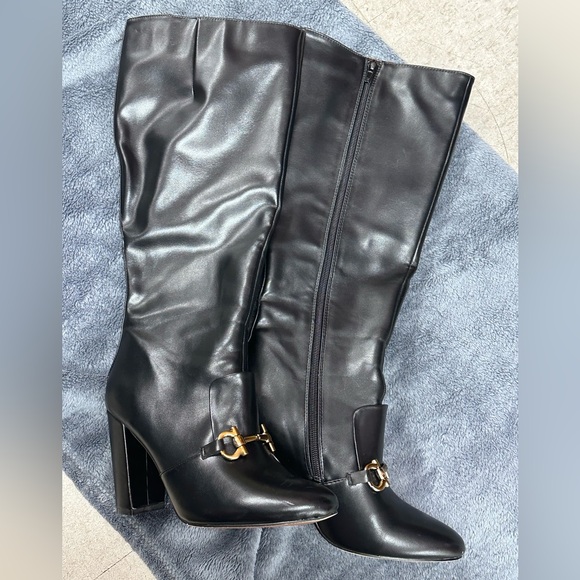 HORSEBIT BUCKLE KNEE HIGH BOOTS GOLD BUCKLE BLOCK HEEL BOOTS FAUX LEATHER VEGAN - Picture 15 of 16